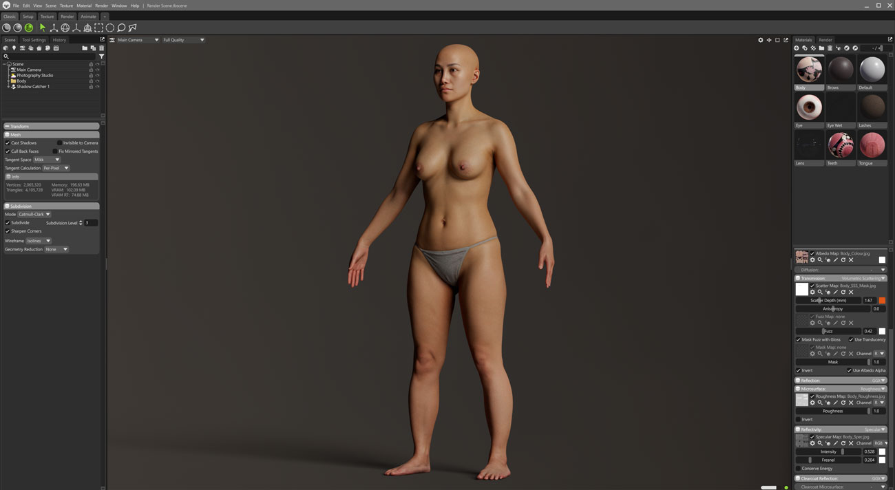 Marmoset Toolbag real-time scene render of a retopologised female 3D body scan with PBR textures applied